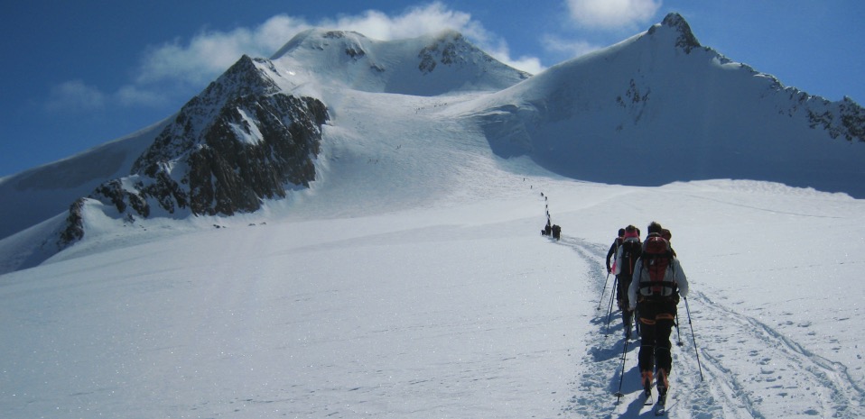 A line of ski tourers ascending toward a snow-covered summit.